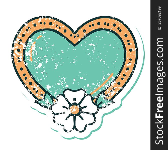 Distressed Sticker Tattoo Style Icon Of A Heart And Flower