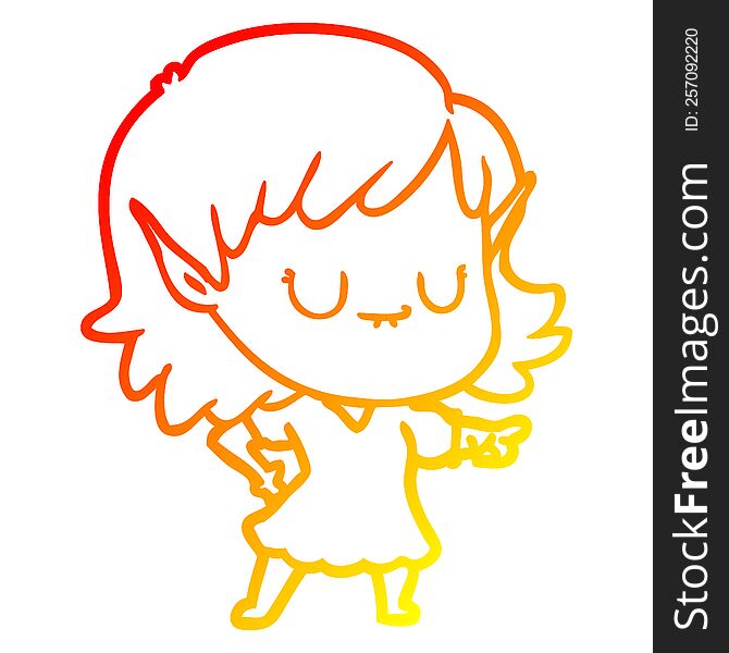 Warm Gradient Line Drawing Happy Cartoon Elf Girl Wearing Dress