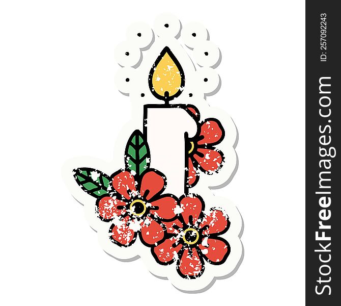 Traditional Distressed Sticker Tattoo Of A Candle And Flowers