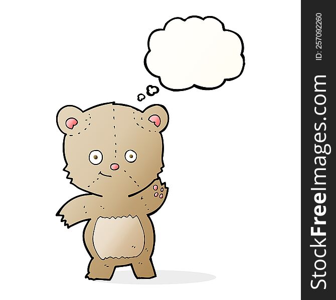 cartoon waving teddy bear with thought bubble