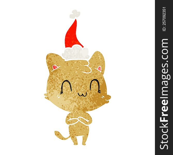 hand drawn retro cartoon of a happy cat wearing santa hat