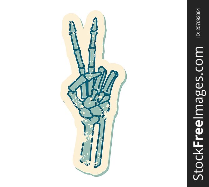 distressed sticker tattoo style icon of a skeleton hand giving a peace sign