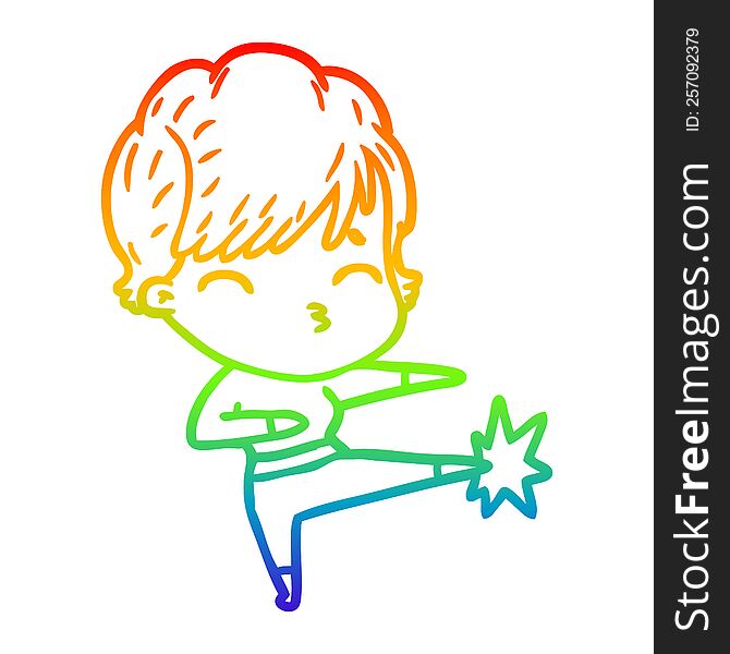 Rainbow Gradient Line Drawing Cartoon Woman Thinking