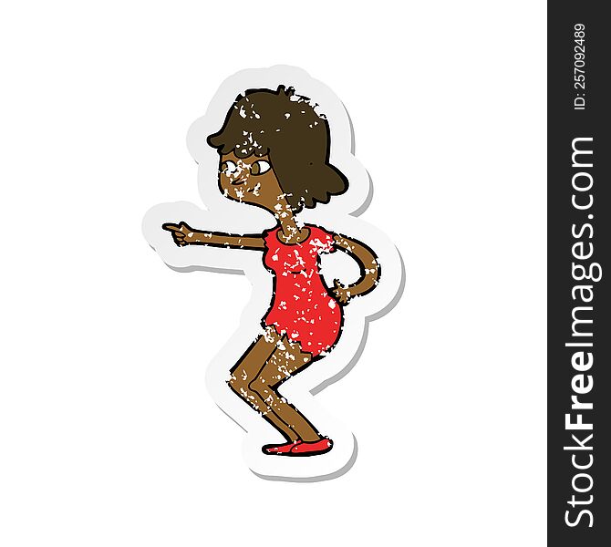 Retro Distressed Sticker Of A Cartoon Girl Pointing