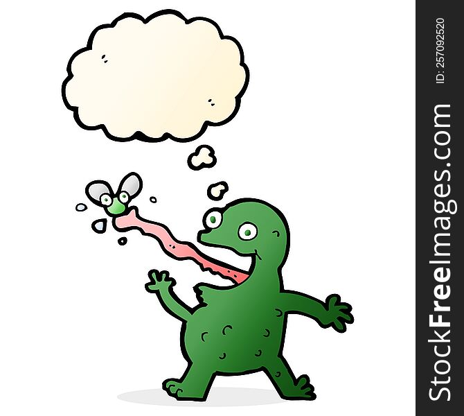 cartoon frog catching fly with thought bubble