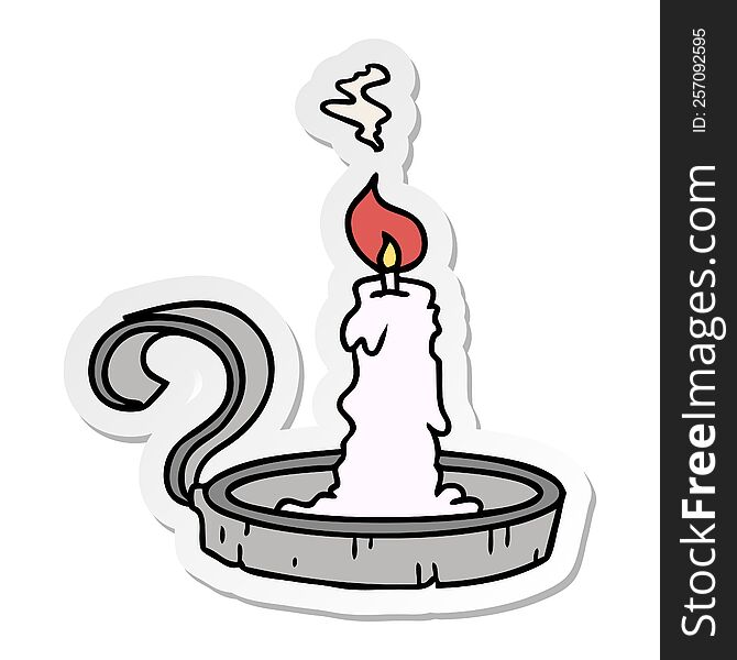 hand drawn sticker cartoon doodle of a candle holder and lit candle
