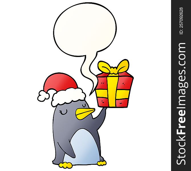 cartoon penguin with christmas present with speech bubble in smooth gradient style. cartoon penguin with christmas present with speech bubble in smooth gradient style