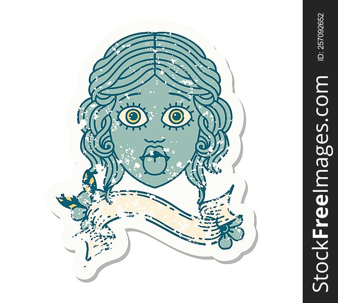 Grunge Sticker With Banner Of Female Face Sticking Out Tongue
