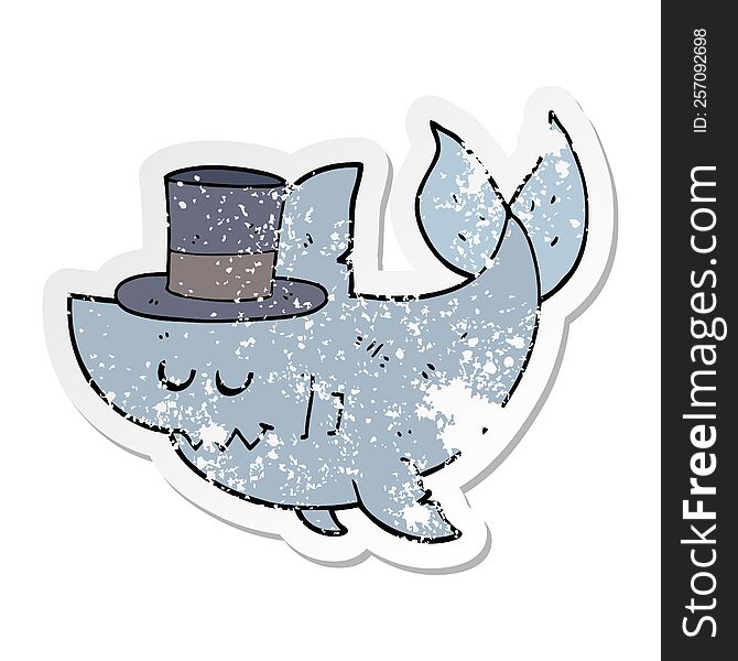 distressed sticker of a cartoon shark wearing top hat