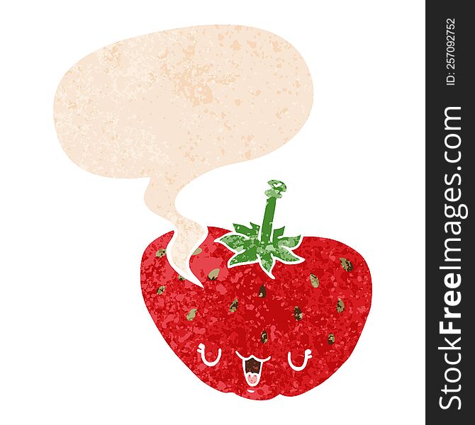 Cartoon Strawberry And Speech Bubble In Retro Textured Style