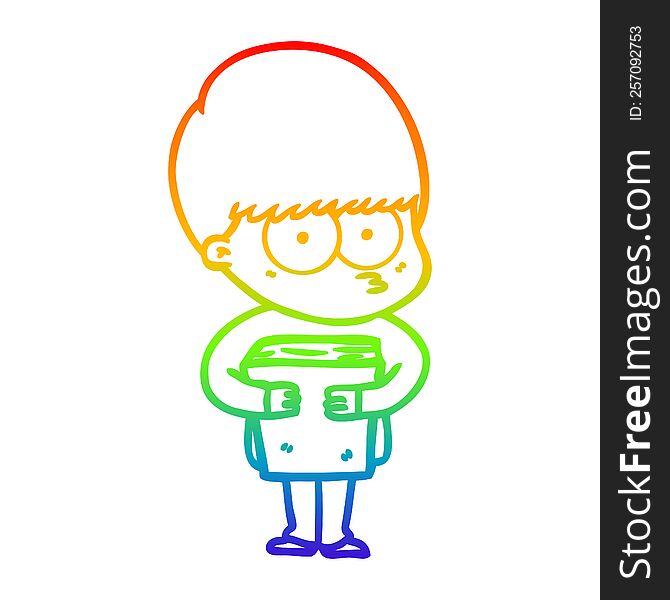 rainbow gradient line drawing nervous cartoon boy holding book