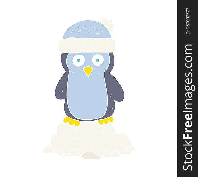 Flat Color Illustration Of A Cartoon Penguin Wearing Hat