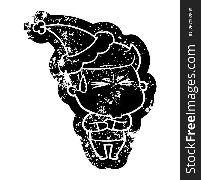 quirky cartoon distressed icon of a frustrated man wearing santa hat