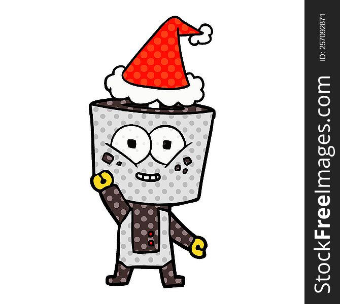 happy hand drawn comic book style illustration of a robot waving hello wearing santa hat