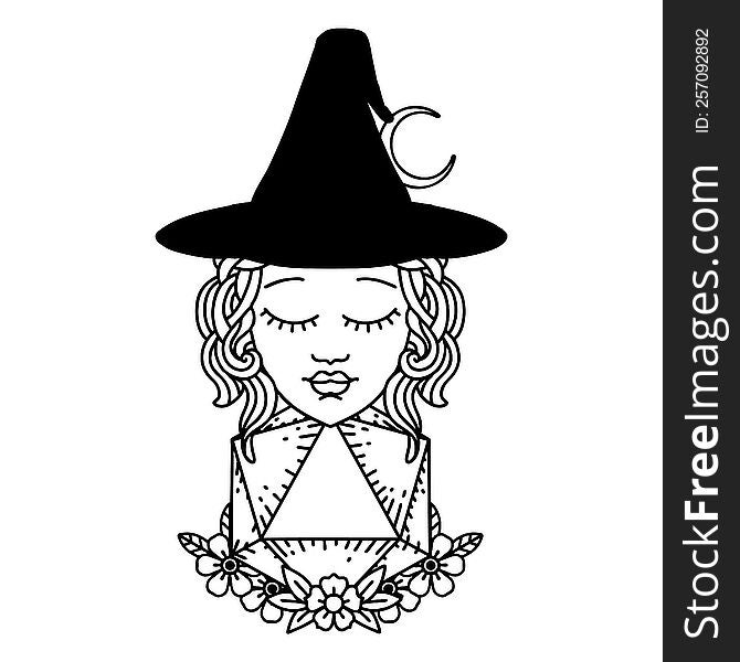 Black and White Tattoo linework Style human witch with natural twenty dice roll. Black and White Tattoo linework Style human witch with natural twenty dice roll