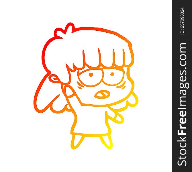 warm gradient line drawing of a cartoon tired woman waving