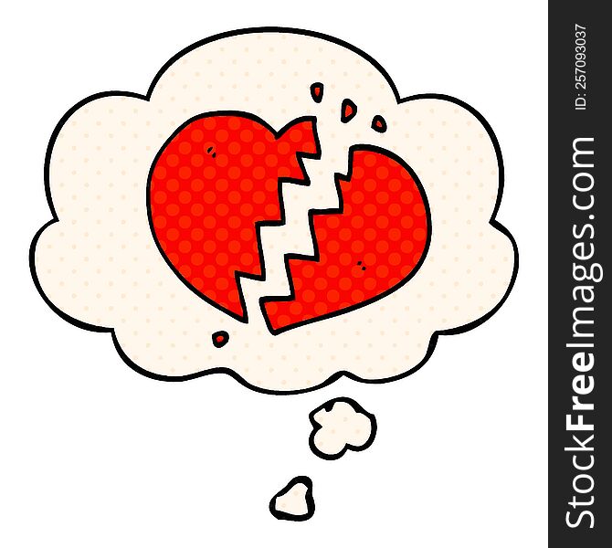 cartoon broken heart with thought bubble in comic book style