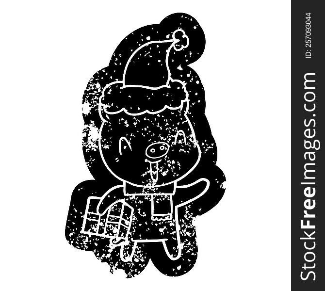 happy quirky cartoon distressed icon of a pig with xmas present wearing santa hat