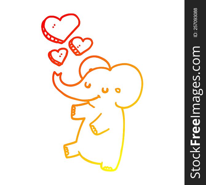 warm gradient line drawing of a cartoon elephant with love hearts