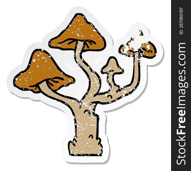 hand drawn distressed sticker cartoon doodle of growing mushrooms