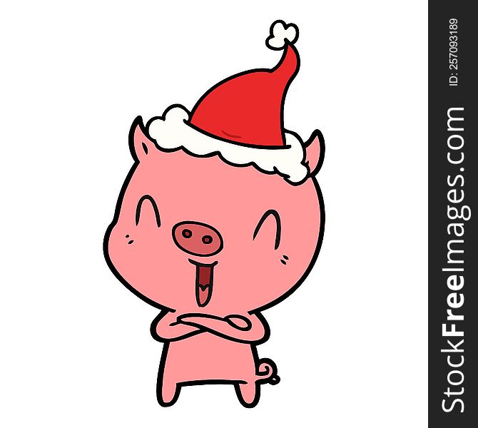 Happy Line Drawing Of A Pig Wearing Santa Hat