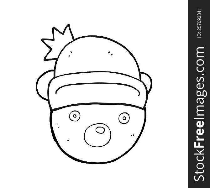 freehand drawn black and white cartoon teddy bear wearing christmas hat