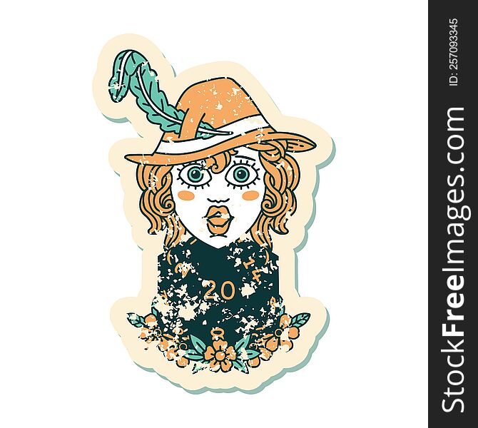 grunge sticker of a human bard with natural 20 dice roll. grunge sticker of a human bard with natural 20 dice roll