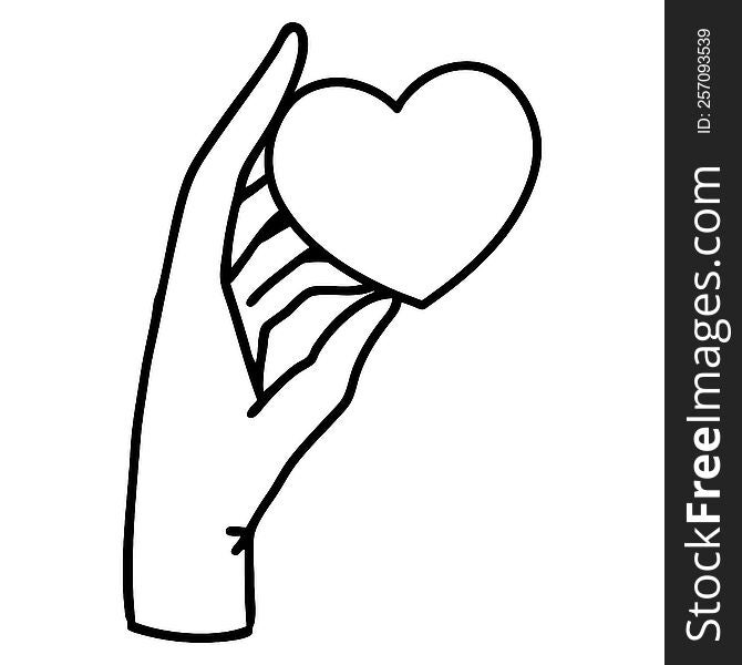 tattoo in black line style of a hand holding a heart. tattoo in black line style of a hand holding a heart