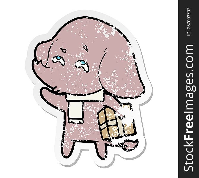 distressed sticker of a cartoon elephant with gift remembering