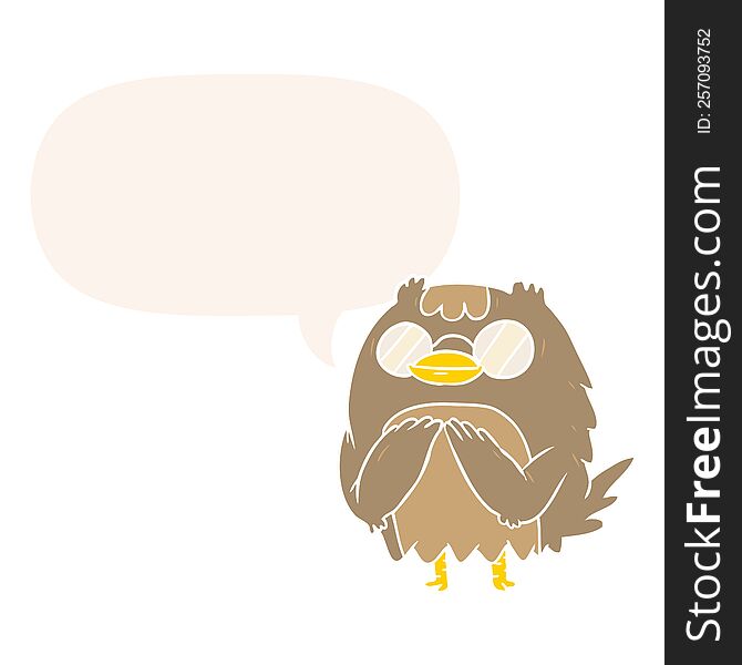 Cute Cartoon Wise Old Owl And Speech Bubble In Retro Style