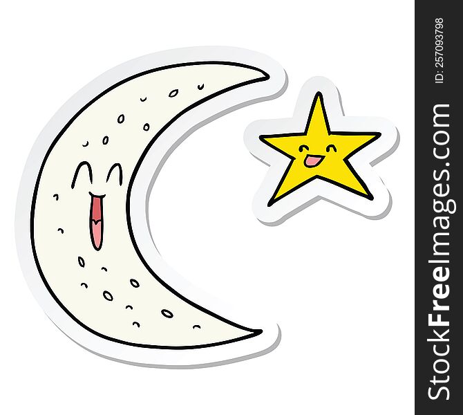 sticker of a happy cartoon moon and star