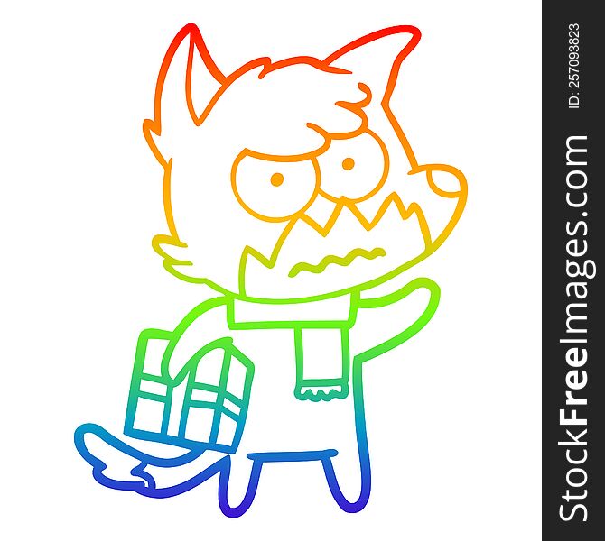 Rainbow Gradient Line Drawing Cartoon Annoyed Fox Carrying Gift