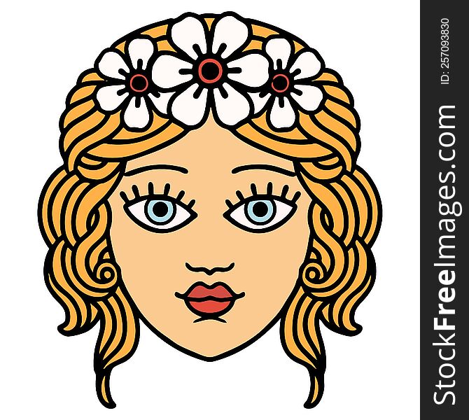 tattoo in traditional style of female face with crown of flowers. tattoo in traditional style of female face with crown of flowers