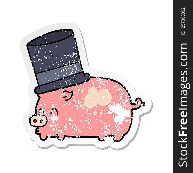 distressed sticker of a cartoon pig wearing top hat