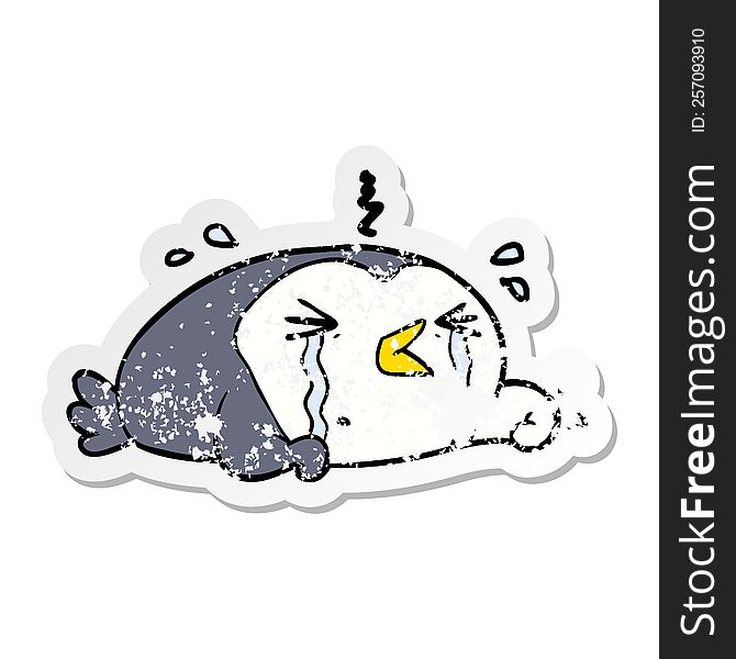 Distressed Sticker Of A Cartoon Crying Penguin