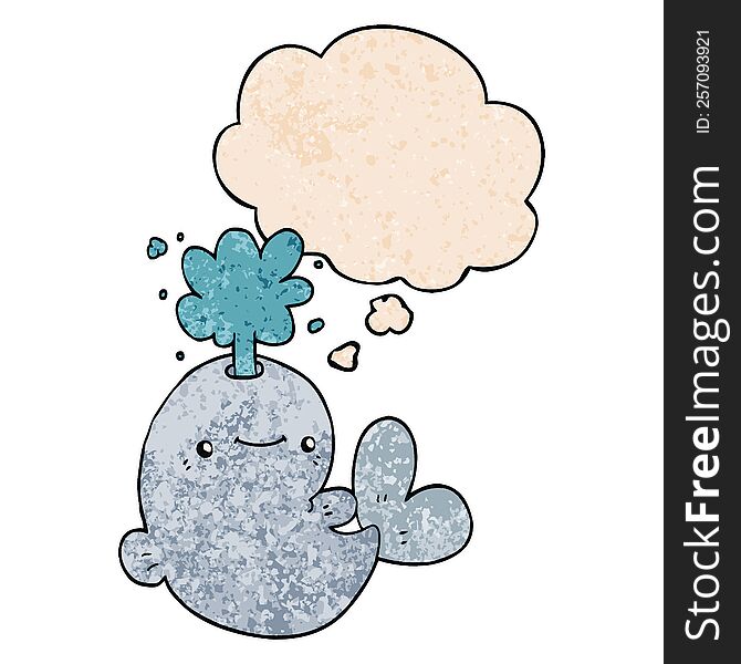 cartoon whale spouting water and thought bubble in grunge texture pattern style