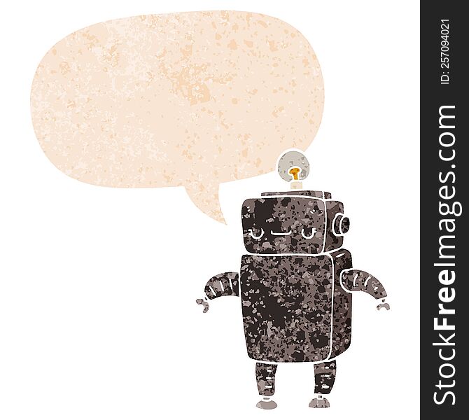Cartoon Robot And Speech Bubble In Retro Textured Style