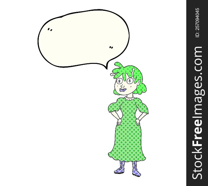 freehand drawn comic book speech bubble cartoon alien woman