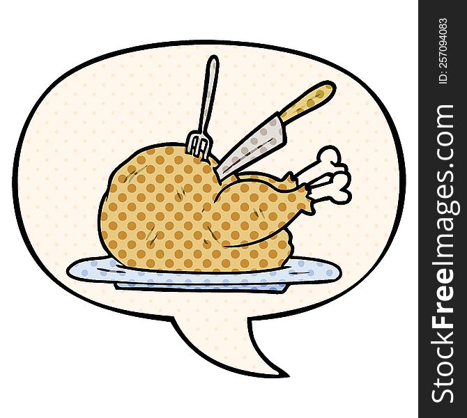 Cartoon Cooked Turkey Being Carved And Speech Bubble In Comic Book Style