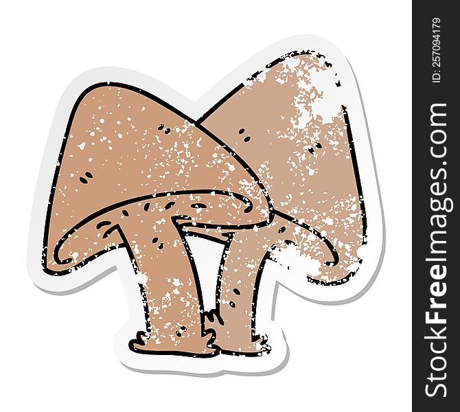 distressed sticker of a quirky hand drawn cartoon mushrooms