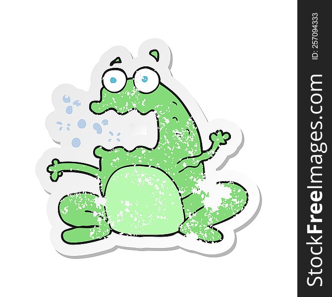 retro distressed sticker of a cartoon burping frog