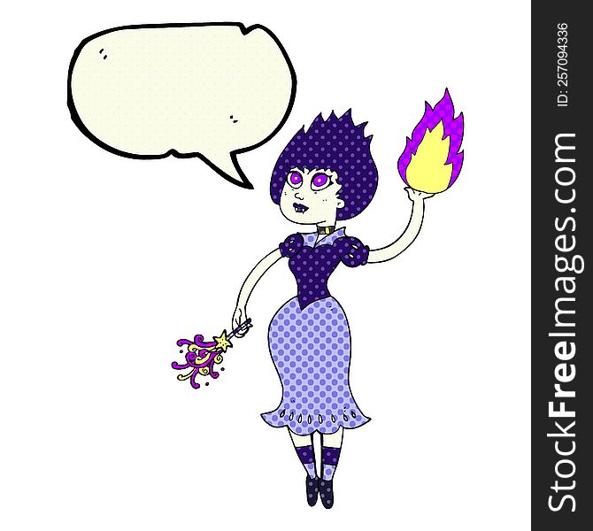 freehand drawn comic book speech bubble cartoon vampire girl casting fireball