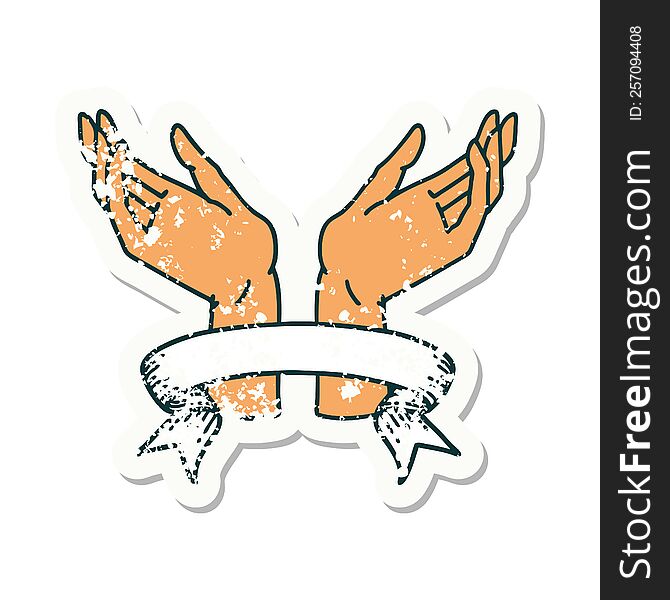 Grunge Sticker With Banner Of Open Hands