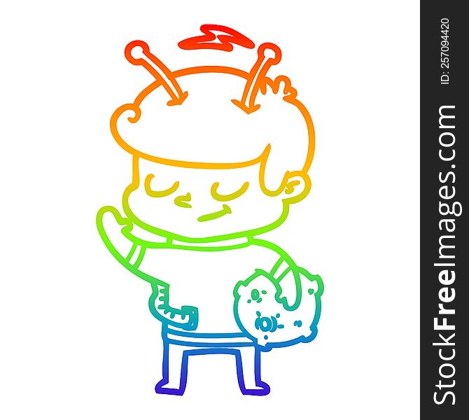 rainbow gradient line drawing of a friendly cartoon spaceman holding meteor