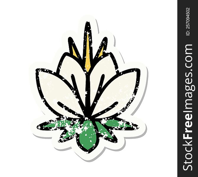 distressed sticker tattoo in traditional style of a water lily. distressed sticker tattoo in traditional style of a water lily