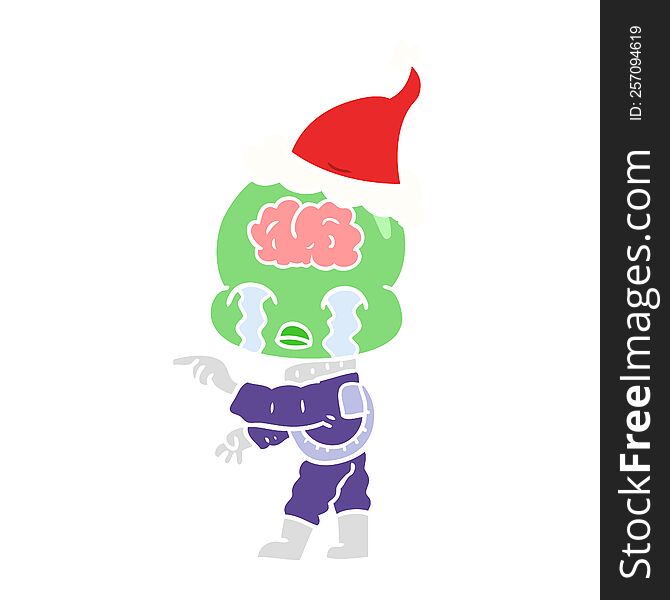 Flat Color Illustration Of A Big Brain Alien Crying And Pointing Wearing Santa Hat