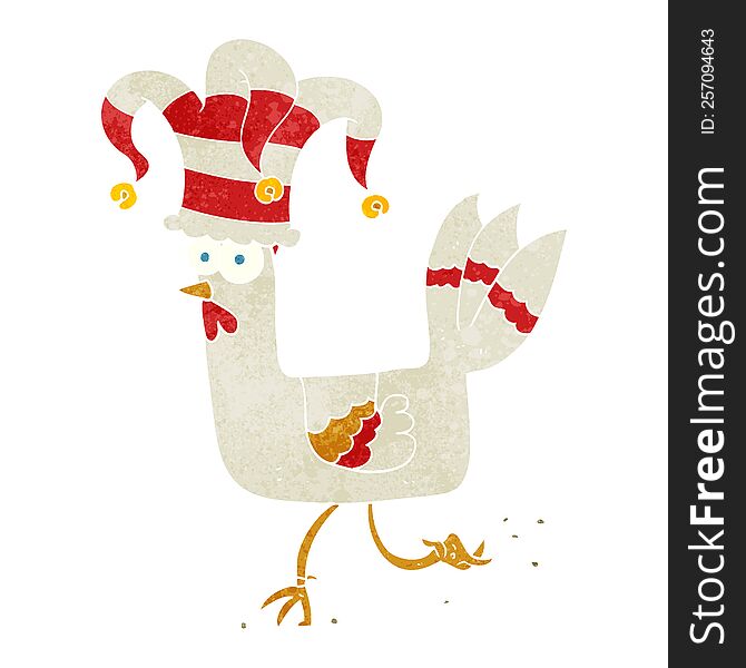 freehand retro cartoon chicken running in funny hat
