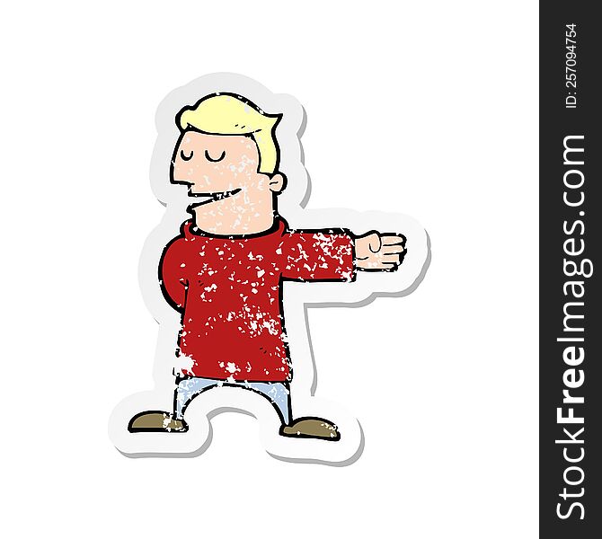 retro distressed sticker of a cartoon man gesturing direction