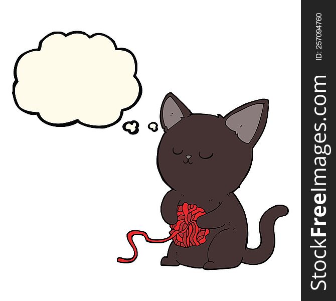 Cartoon Cute Black Cat Playing With Ball Of Yarn With Thought Bubble