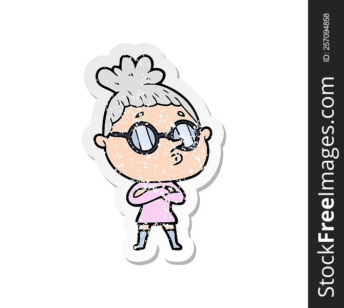 distressed sticker of a cartoon woman wearing glasses